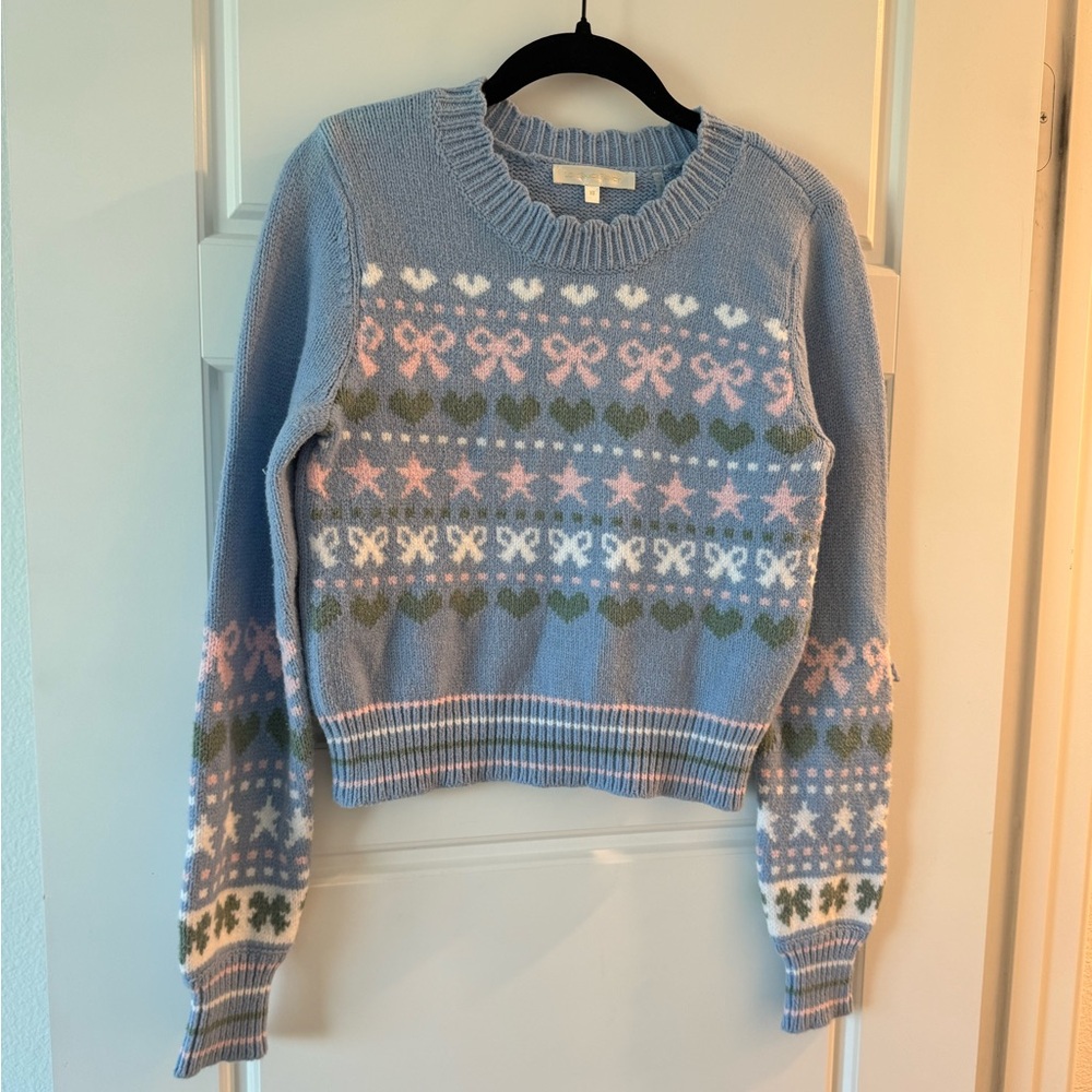 LoveShackFancy Cutie Knit Zaheer Pullover Blue With Pink Bows Size XS - Picture 4 of 6